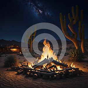 Camp Fire With Wooden Logs and Stones, Holiday Vacation Concept, Resort Hotel, Desert View, Generative AI