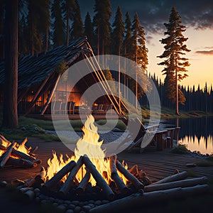 Camp Fire With Wooden Logs and Stones, Holiday Vacation Concept, Resort Hotel, Forest View, Generative AI