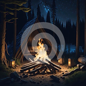 Camp Fire With Wooden Logs and Stones, Holiday Vacation Concept, Resort Hotel, Forest View, Generative AI