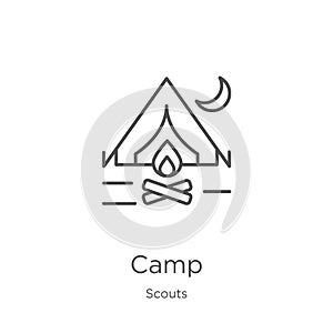 camp icon vector from scouts collection. Thin line camp outline icon vector illustration. Outline, thin line camp icon for website