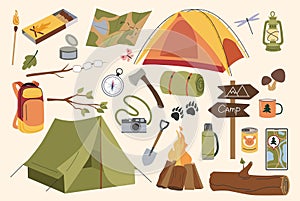 Camp icons. Summer campground items tent, hiking backpack and outing fire, survival, adventure equipment, outdoor