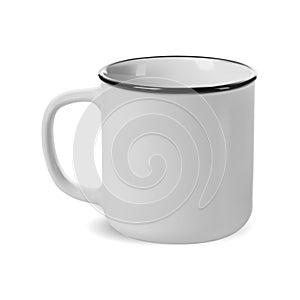 Camp mug. White enamel camping cup mockup isolated