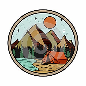 Camp near lake badge illustration