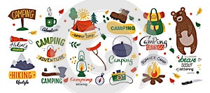 Camp outdoor. Camping sticker. Explore mountain adventure. Campfire doodle icon. Lettering quote calligraphic. Summer photo