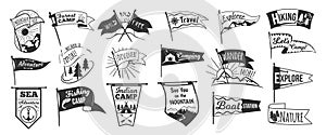 Camp pennants logo. Camping pennant retro emblem, varsity sport flag black sign explore travel club sketch lettering