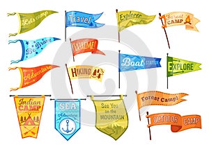 Camp pennants. Varsity outdoor banner or camping pennant, university sport flag hipster adventure scout club vintage