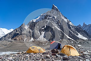 Camp site at Concordia camp with Mitre peak, K2 trek, Pakistan