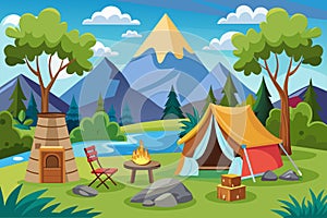 A camp site featuring a tent and a fire burning brightly, Glamping Customizable Cartoon Illustration