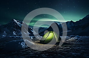The camp tent above glacier and peaks under green aurora borealis (AI Generated)