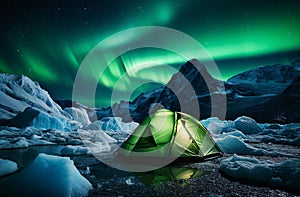 The camp tent above glacier and peaks under green aurora borealis (AI Generated)