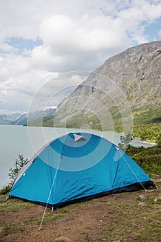 camp tent on Besseggen ridge over Gjende lake in Jotunheimen National