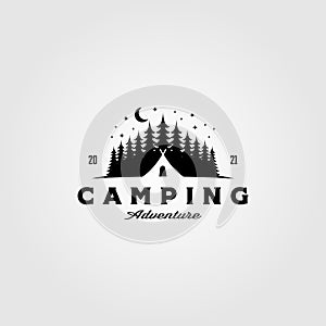 Camp tent logo in pine tree vintage vector illustration design