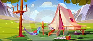 Camp tent and mountain valley landscape background