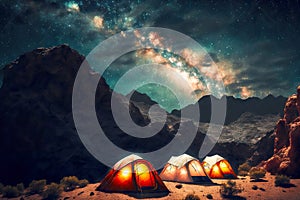 Camp with tourist tent against backdrop of starry sky and Milky Way mountains