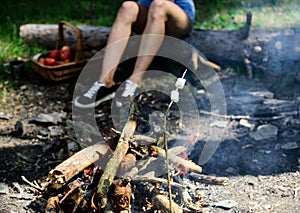Camp tradition. Marshmallows on stick with bonfire and smoke on background. Holding marshmallow on stick. Roasty, toasty