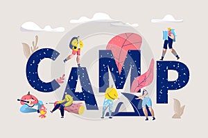 Camp Word Banner Type Letter. Camp Horizontal Poster with Characters Design for Print. Summertime Holiday on Nature