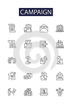 Campaign line vector icons and signs. Advertising, Promotion, Outreach, Drive, Rally, Lobby, March, Crusade outline