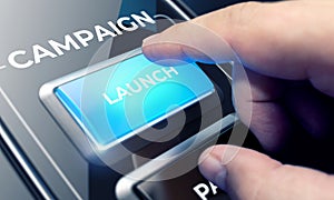 Campaign - Man Pushing Button on Futuristic Interface.