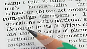 Campaign, pencil pointing word in vocabulary in english, marketing strategy