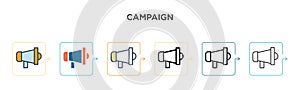 Campaign vector icon in 6 different modern styles. Black, two colored campaign icons designed in filled, outline, line and stroke