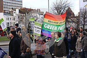 Campaigners march through Brighton, UK in protest against the planned cuts to public sector services. The march was organised by B