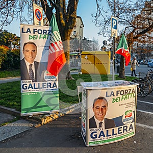 Campaigning on street of Milan, Italy for Giulio Gallera of Berlusconi`s Forza Italia Party ahead of 2018 Italian general electio