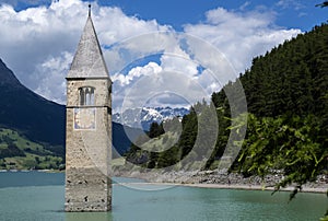 Campanile di Curon Venosta, or the bell tower of Alt-Graun, Italy.