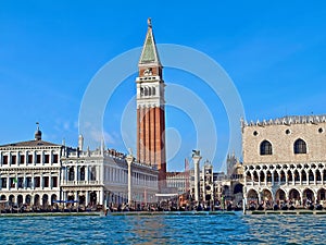 Campanile and doge palace at St. Mark in Venice in Italy