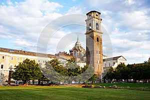 Campanile and dome of the Turin Cathedral from the Archaeological Park, Turin, Italy