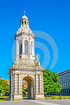 Campanile inside of the trinity college campus in Dublin, ireland