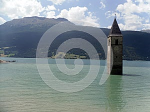 Campanile in Lake Resia. South Tyrol. Italy