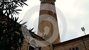 Campanile in Piazza delle Erbe in Verona, is the central square of Verona, destination for many tourists in the city of