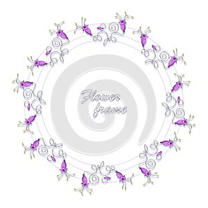 Campanula bell. Vector flowers frame, border. Purple bells on the stem. Bouquet of wild flower.