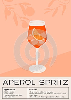 Campari Spritz Cocktail in glass with ice and slice of orange. Summer Italian aperitif retro poster. Wall art with