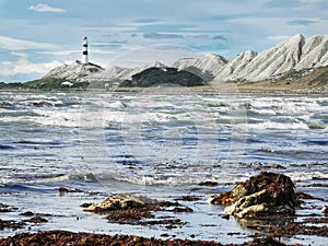 Campbell Point lighthouse with stormy Pacific ocean and kelp seaweed