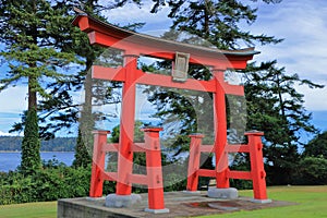 Campbell River Sequoia Park with smaller Replica of Itsukushima Shrine or floating Torii Gate, Vancouver Island, British Columbia