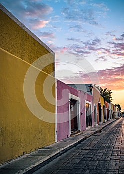 Street of Campeche at dusk with beautiful colorful sky.