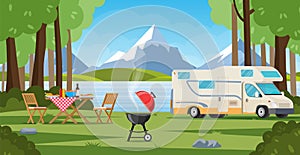 Camper with barbecue folding table deckchair