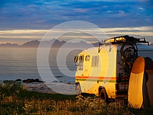 Camper car on beach, Lofoten islands, Norway