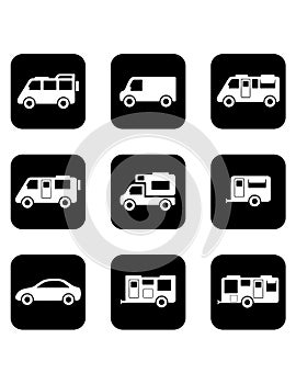 Camper car black icons set