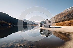 Camper car on nature lake in Norway. Holidays in motor home. Generative AI