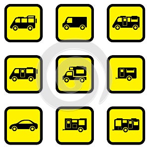 Camper car yellow icon set