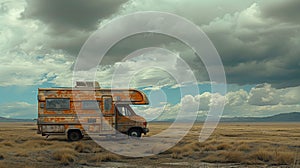 Camper caravan camping on nature. Traveling in motor home.