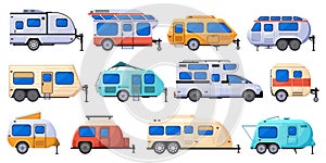 Camper caravan, rv cars, camping trailers and house trucks. Motor home trucks, outdoor camping trailers vector flat