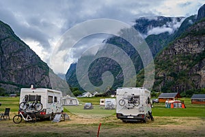 Camper cars at beautiful mountain landscape of Eidfjord, Norway photo