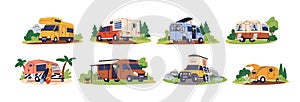 Camper cars, holiday caravans, vans, trailers, summer motorhomes, camping RV set. Mobile auto vehicles for travel