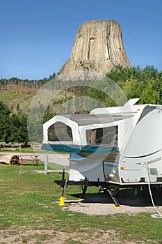 Camper by Devil's Tower, Wyoming