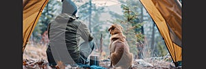 Camper and his loyal canine companion sit in a tent and enjoy