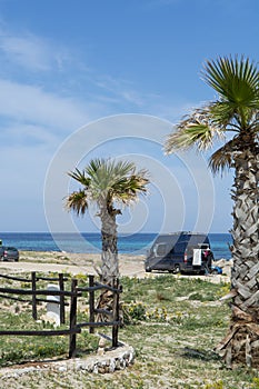 Camper, mobile home or caravan vacation, free parking of beach with palm trees and blue sea