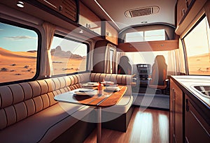 Camper motorhome interior. mobile home interior. Auto house inside. Living room and dining room. Dinner table